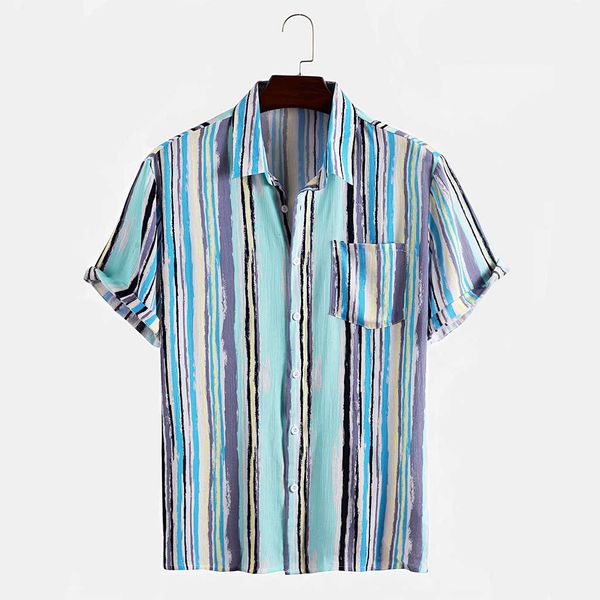 

2021 summer new short sleeve men's printed casual shirt beach color stripeslim fit fashion floral print dress males clothesqtj3, White;black