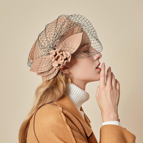 

mesh lace stewardess hat autumn and winter england retro woolen berets caps for women boina hombre cappello donna czapka zimowa, Blue;gray