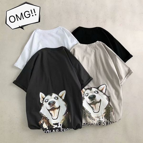 

summer new funny cartoon dog print short t-shirt men's fashion brand loose half sleeve lovers' top, White;black