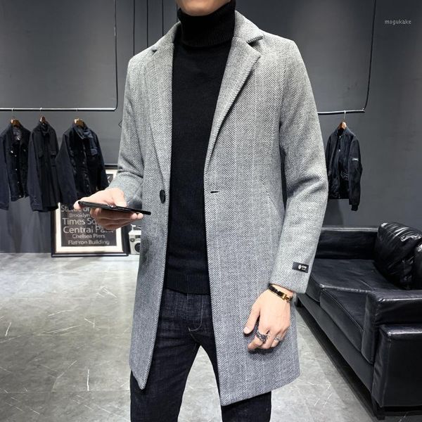

korean mens wool trench coat jacket autumn winter long slim fit casual business windbreaker overcoat men clothing1, Black