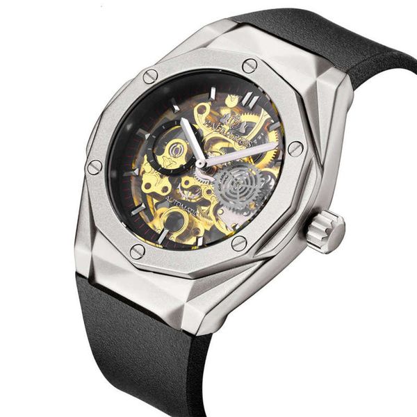 

rose mechanical hollow paulareis gold automatic tape men's watch, Slivery;brown