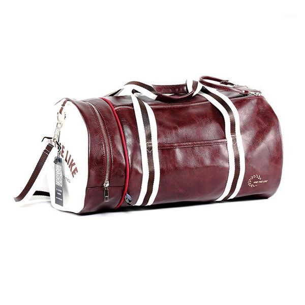 

wobag men pu material outdoor travel fitness sports bag waterproof cylinder bag multi-pocket zipper messenger1