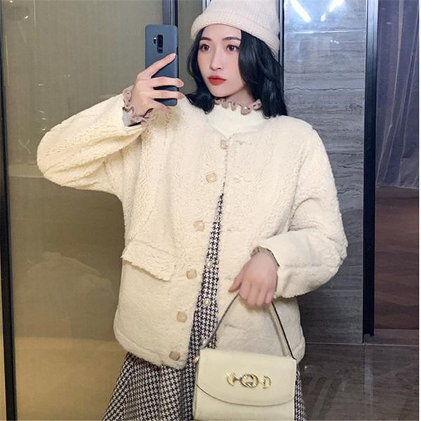 

2020 winter fur coat women lambswool round collar single breasted hairy joker soft warm long teddy's clothes ladies chic y159, Black