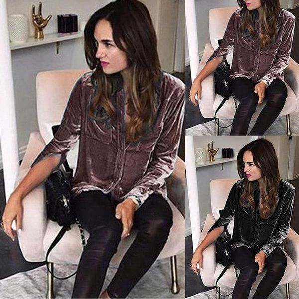 

women fashion velvet solid buttoned pocket casual shirt elegant loose basic shirt turn down collar female blouse#351, White
