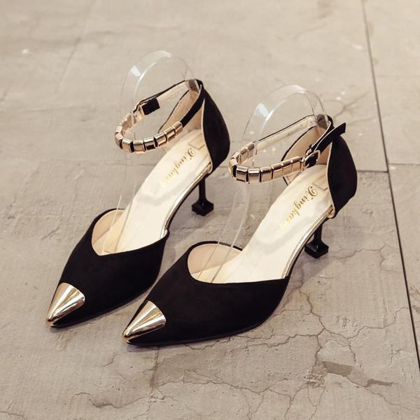 

dress shoes pointed suede high heels sandals women 2021 autumn summer fashion metal decoration buckle sweet party, Black