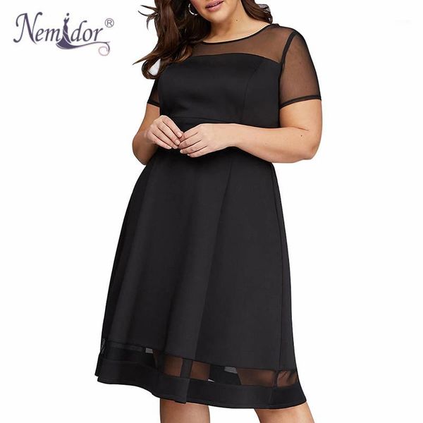 

nemidor 2018 women elegant mesh patchwork party a-line dress vintage o-neck plus size 8xl 9xl knee length cocktail swing dress1, White;black