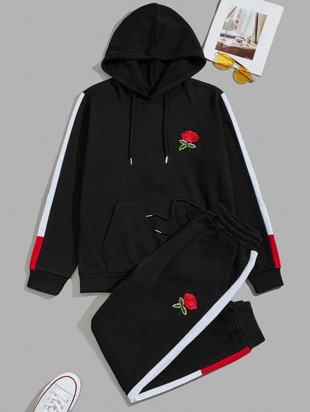 

men rose embroidery contrast side seam hoodie & sweatpants l5ao#, Gray