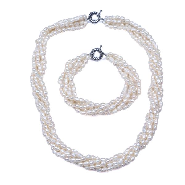 

hand knotted beautiful 5 rows natural 4-5mm freshwater aquaculture rice pearl bracelet necklace set, Silver