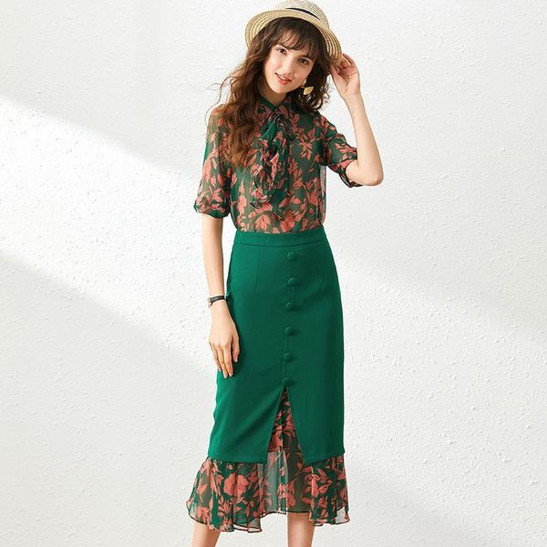 

two piece set women green 2020 spring and summer new fashion printed turndown collar half sleeve blouse + midi skirt s-xl1, White