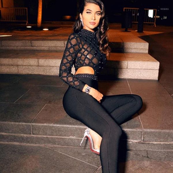 

adyce new spring runway bandage jumpsuit for women 2019 elegant bead hollow out black long sleeve lace club jumpsuit romper1, Black;white