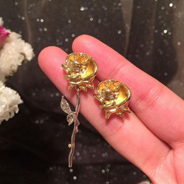 

Trendy Simple Glossy Asymmetric Gold Rose Flowers Drop Earrings For Women Sweet Party Temperament Wedding Fashion Jewelry Gifts, Silver