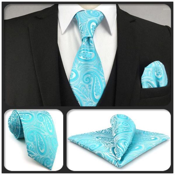

e34 light blue paisley silk men's necktie set turquoise wedding fashion ties for male classic brand new hanky extra long size1, Black;gray