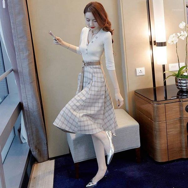 

women spring fashion knitted 2 piece set female v neck pullover sweater + plaid skirt sets lady slim knitting tracksuit f1711, White