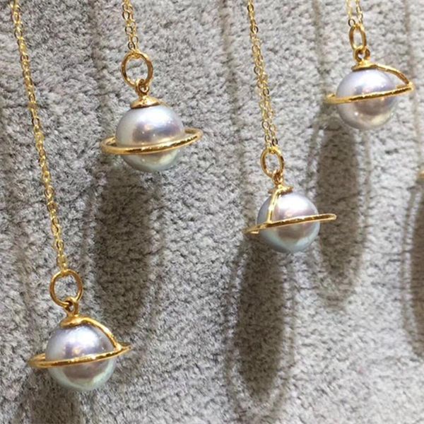 

pendant necklaces 8mm white shell pearl real 925 sterling silver chain round globe small planet satellite necklace