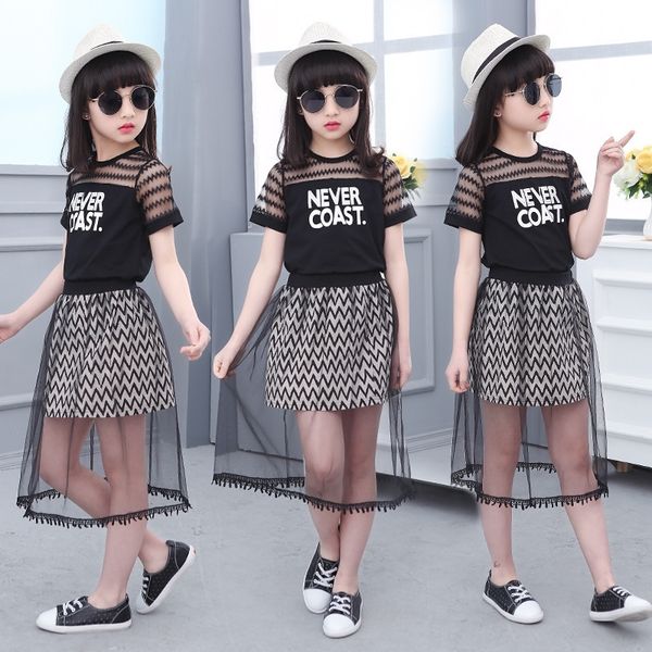 

toddler girl clothes big girls clothing set summer boutique outfits kid children never coast t shirt + mesh shirt 4 to 15 years y200325, White