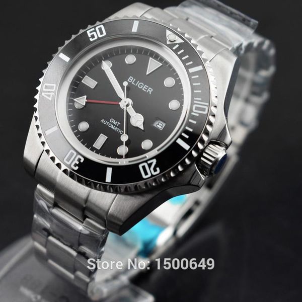 

bliger big 43mm sterile dial ceramic bezel red gmt automatic date mens' wristwatch, Slivery;brown