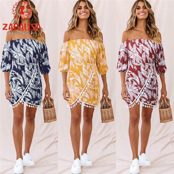 

women summer leaf print mini dress for holiday irregular design tassel decor slash neck lantern sleeve high waist slim dress1, White;black