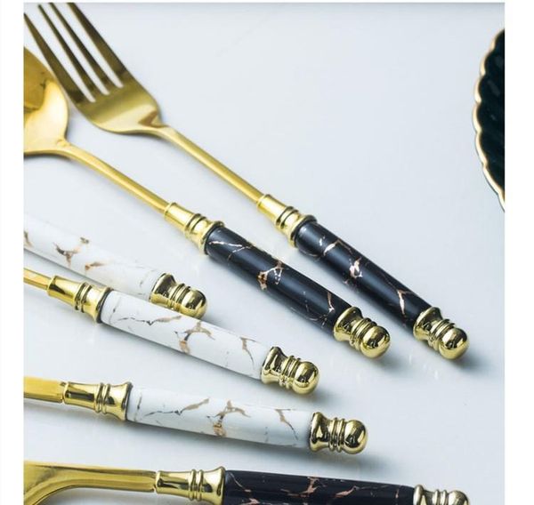 

5pcs ceramic tableware fork spoon knife vintage cutlery set 304 stainless steel dinner dinnerware set green jllgugh