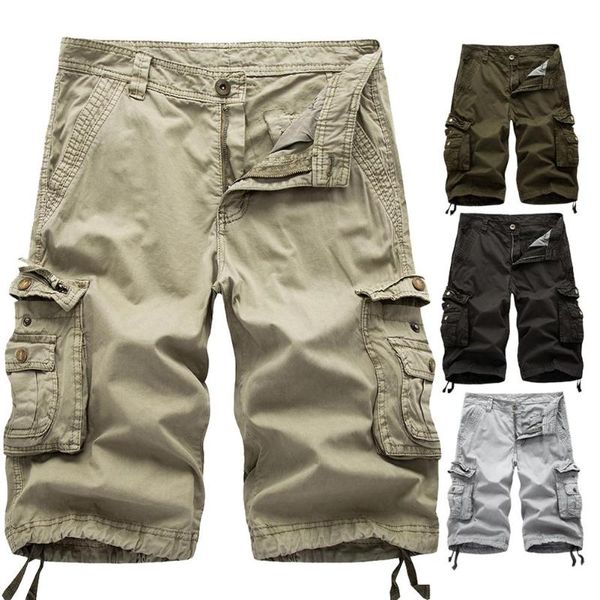 

men casual summer solid color multi pockets fifth cargo pants loose beach shorts, White;black
