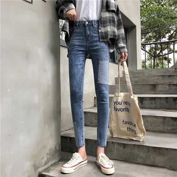 

hzirip chic patchwork color-hit sticking high waist elastic denim jeans skinny pencil trousers large size ankle length pants, Blue