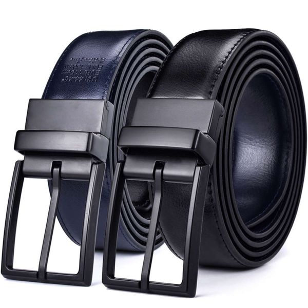 

classic men's leather - reversible belt & fashion designs black/blue two in one belts with rotated buckle ceinture size 28-54, Black;brown