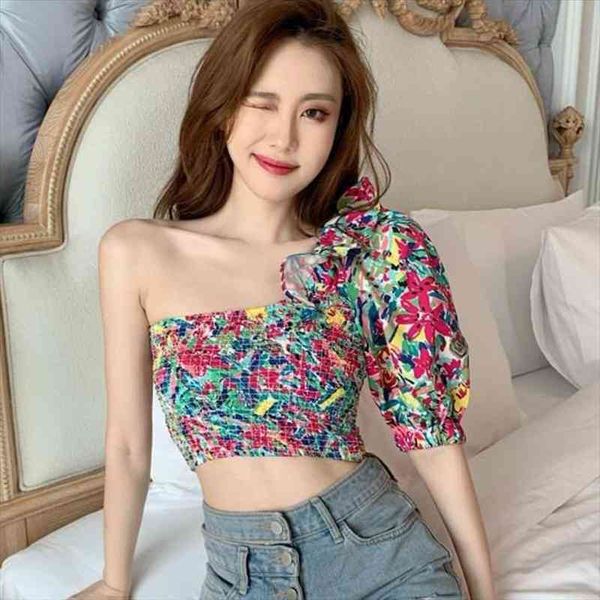 

off shoulder women blouse summer flower printed vintage bandage women cropped shirt female elastic boho ., White