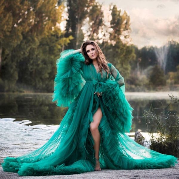 Ilusão Ruffles Mulheres Grávidas Photoshoot Vestido Verde Inverno Partido Partido Promovers Sleepwear Roupão Roupão Ladies Nightgown Robe