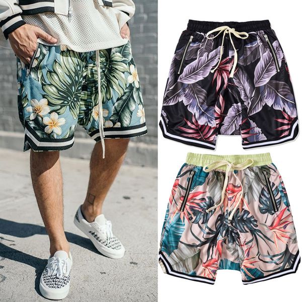 

high street trendy man bieber hawaii fog beach pants hip hop loose cut flower shorts, Black