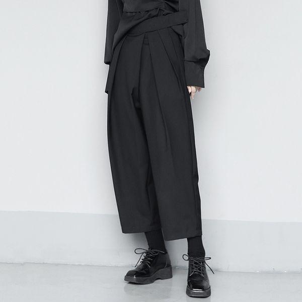 

[eam] high waist black split joint pleated long wide leg trousers new loose fit pants women fashion spring summer 1u360 201113, Black;white