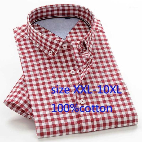 

2020 arrival men short sleeve summer super large thin 100%cotton dress shirts casual plaid single breasted plus size xxl-10xl 501, White;black