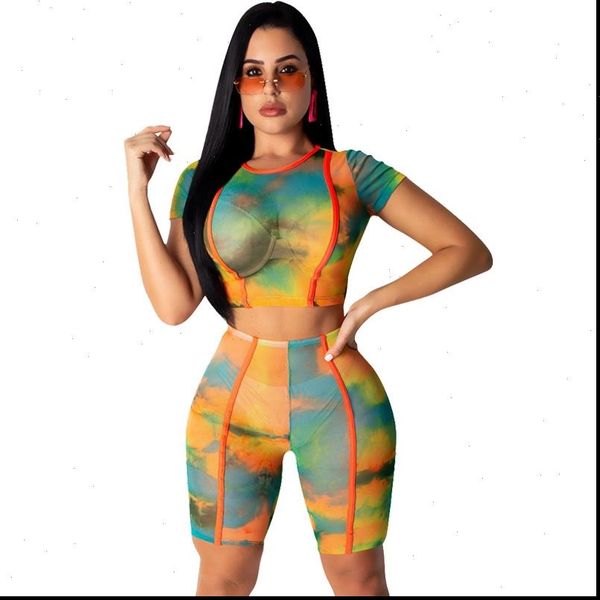

tie dye print 2 piece outfits for women two piece set crop and shorts set sheer mesh club 2 piece, Gray