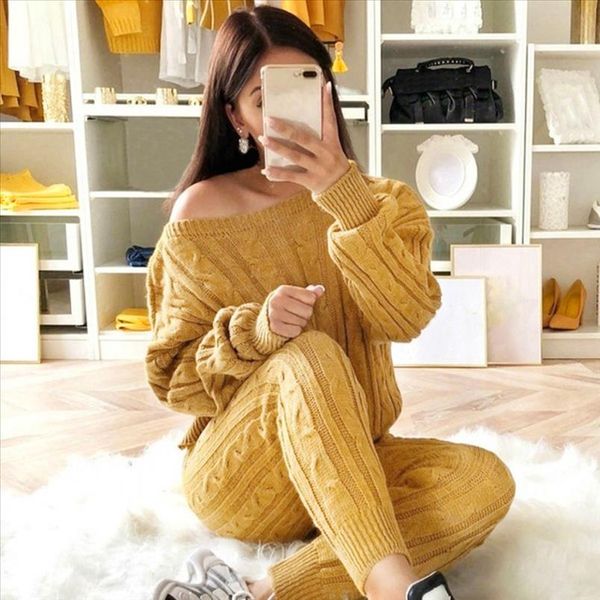 

women 2 piece set christmas tracksuit autumn winter knitted set ladies o neck pullover solid color pants outfit, Gray