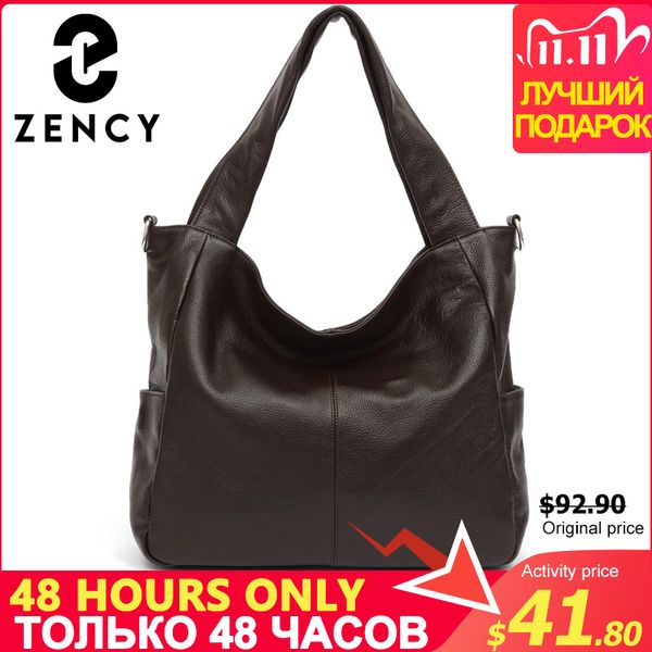 

zency fashion women shoulder bag 100% genuine leather elegant lady messenger shopping bag tote hobos black coffee