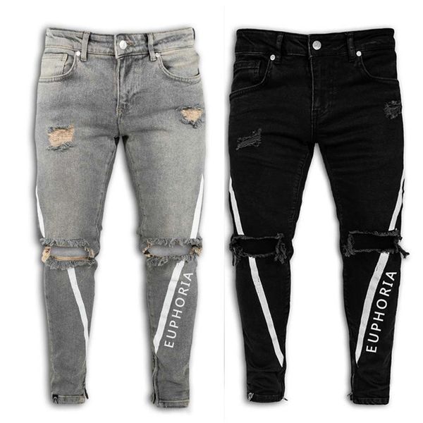 

men's ny ripped stretch elastic denim male hip hop side stripe trousers letters decorate slim pencil jeans, Blue