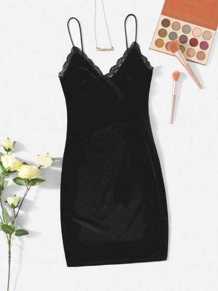 

lace trim velvet cami dress r4jm#, Black;gray