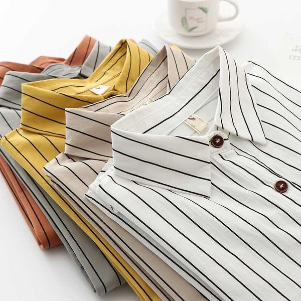 

casual striped turn down collar long sleeve cotton shirt blouse1, White