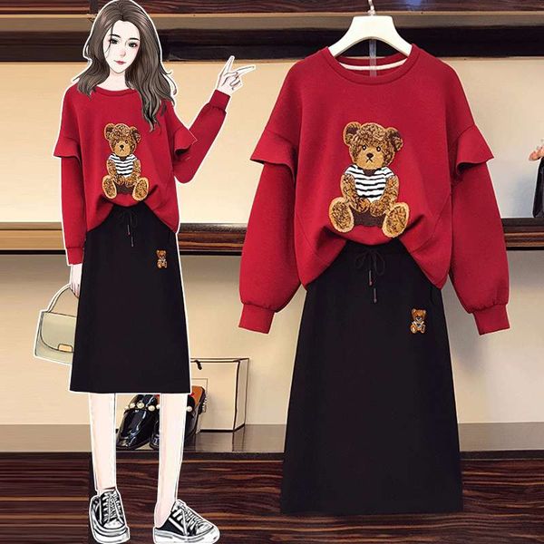 

big size women's fat sister show thin suit winter wear 2020 new style age reduction sweater skirt two piece set, Black