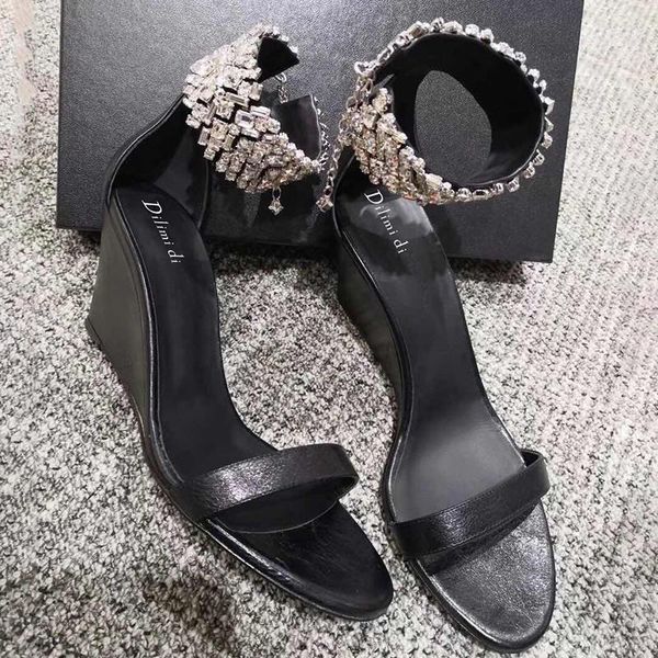 

2020 summer luxury rhinestone designer stiletto high heels shoes women sandals runway brand open toe ladies wedding pumps shoes1, Black