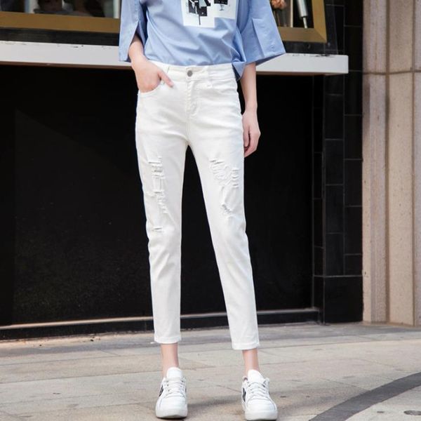 

female 2021 spring new thin waist leggings show skinny white denim pants exru, Blue