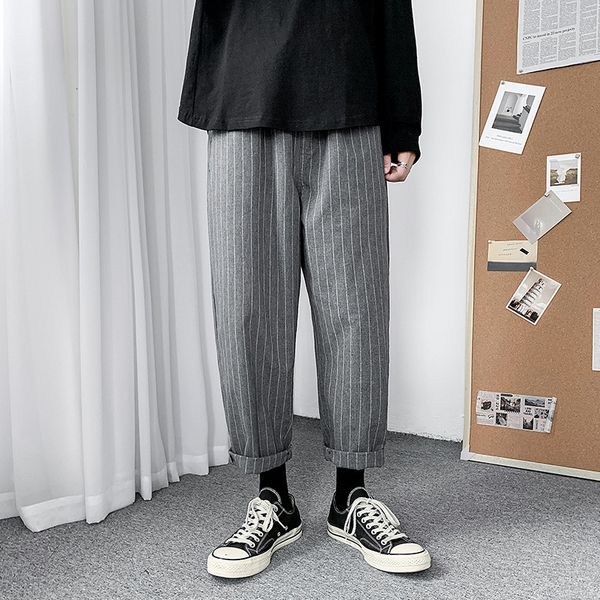 

hey ma qizuo summer vertical stripe men's fashion brand slim couple small straight loose capris casual pants, Black