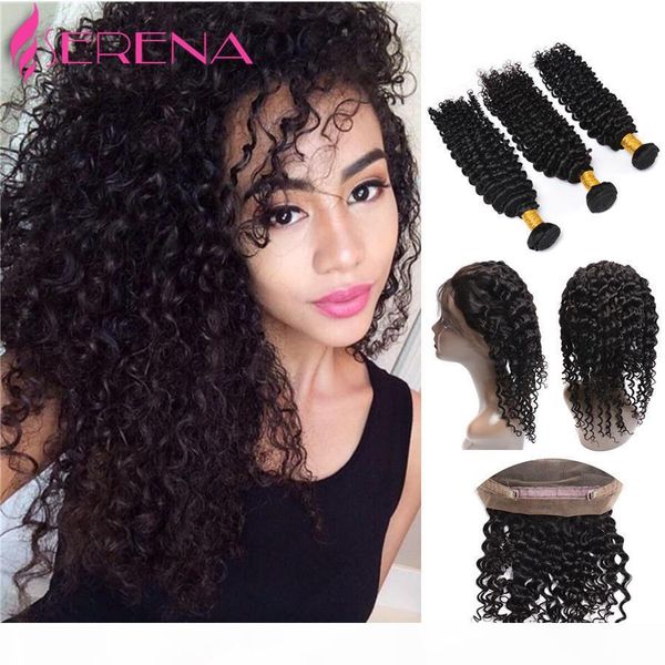 

brazilian virgin hair with closure 360 lace frontal with bundle deep wave curly 360 lace frontal closure with bundles human hair, Black;brown