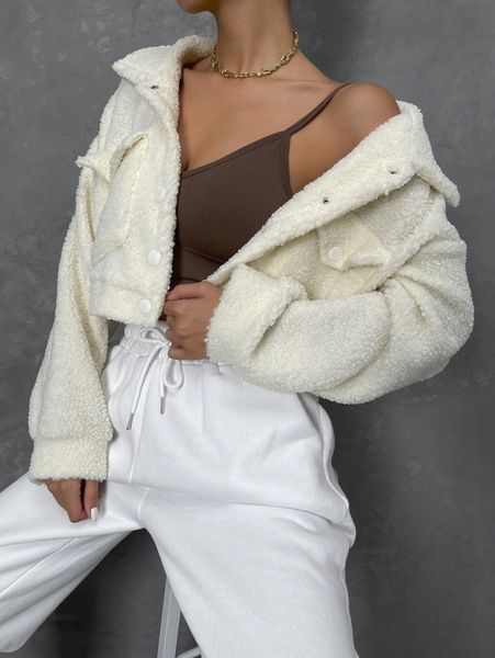 

flap pocket drop shoulder crop teddy jacket v7gu#, Black;brown