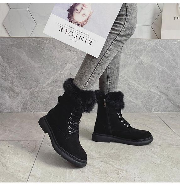 

boots shoes woman fur warm plush winter female casual genuine leather snow high top, Black