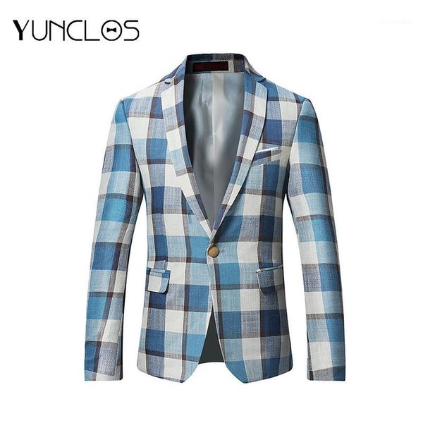 

yunclos blue white plaid men suit jacket casual style outdoor wedding refreshing men blazer fashion plaid suit jackets 4xl1, White;black