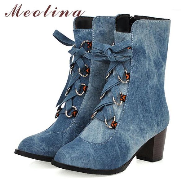 

boots meotina winter ankle women denim lace up chunky high heel short bow zip round toe shoes ladies autumn size 461, Black