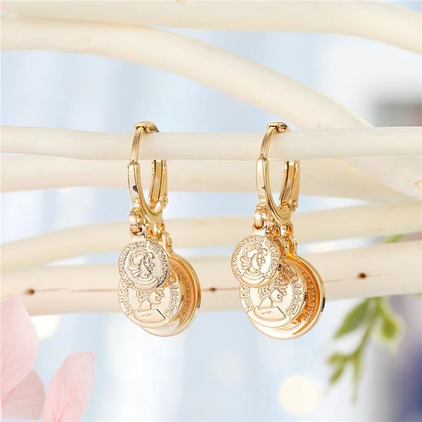 

1Pair New Vintage Beauty Head Coin Hoop Earrings For Women Gold Metal Color Multilayer Round Tassel Stud Earrings Jewelry, Golden;silver