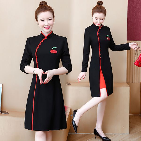 

womens cheongsam handsome chinese plus size embroidered spring thin cherry party dress dmvv, Black;gray
