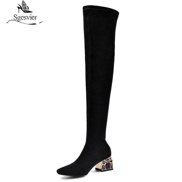 

boots sgesvier 2021 stretch women suede leather slim crystal heels dress party shoes over the knee, Black