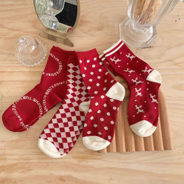 

2021children's autumn and winter new in the tube design elk red elements lovely girl christmas socks, Black