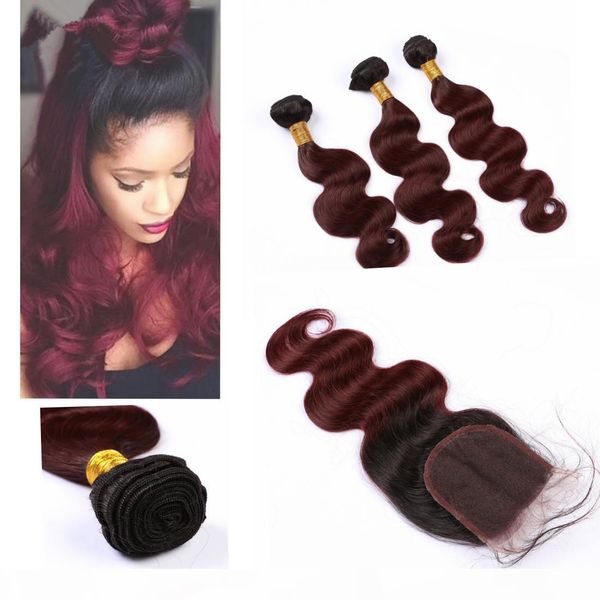 

brazilian ombre wavy bundles with closure dark root 4" * 4" ombre wavy brazilian bundles with closure #1b #99j color, Black;brown